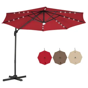 10 Feet Cantilever Solar Umbrella 28LED Lighted Patio Offset Tilt 360° for Outdoor-Wine
