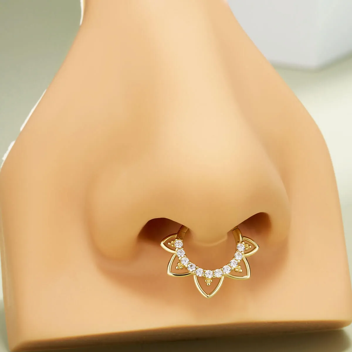 14K Solid Gold CZ Lotus Flower Hinged Septum Ring