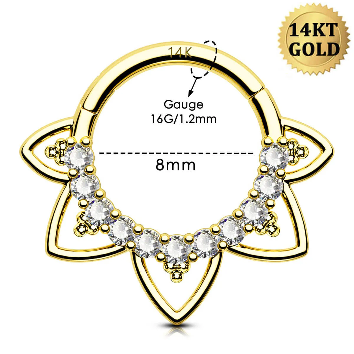 14K Solid Gold CZ Lotus Flower Hinged Septum Ring