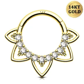 14K Solid Gold CZ Lotus Flower Hinged Septum Ring