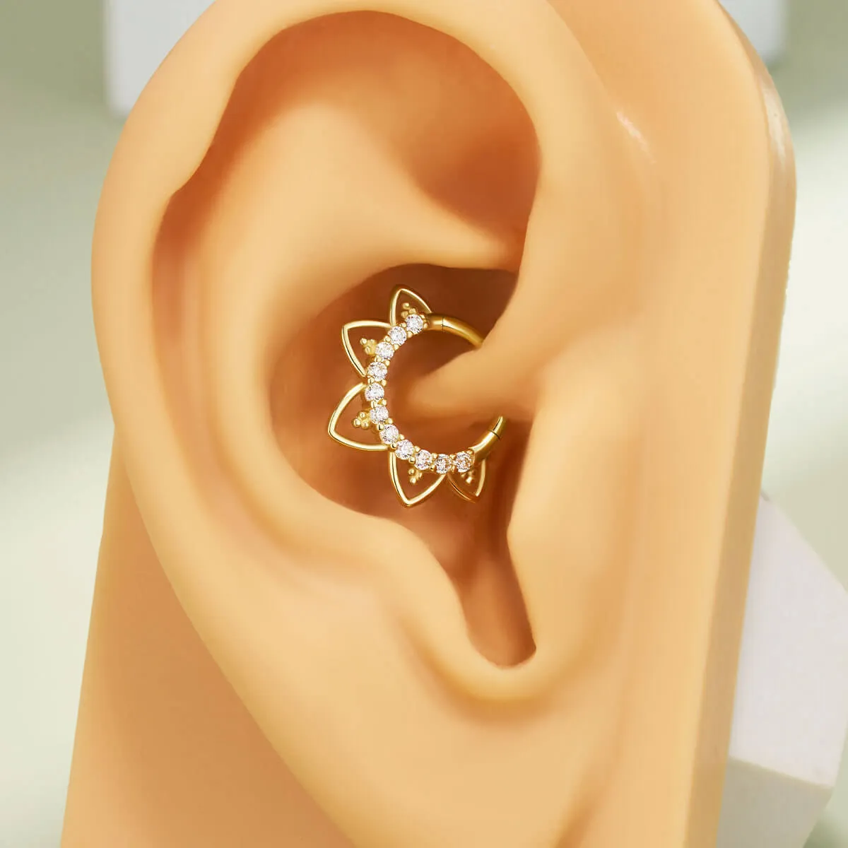 14K Solid Gold CZ Lotus Flower Hinged Septum Ring