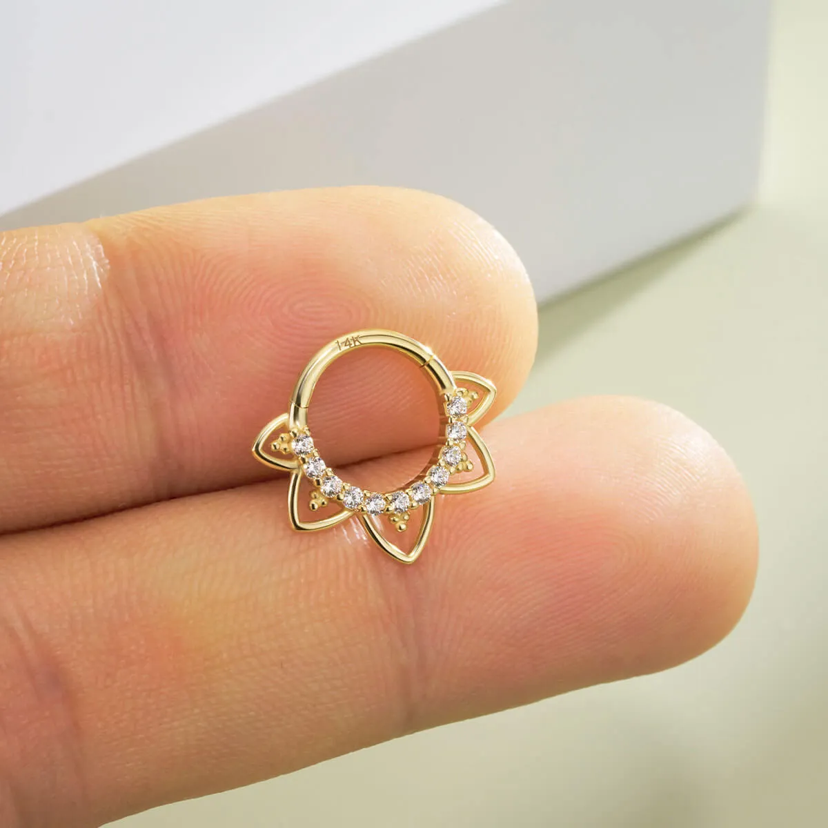 14K Solid Gold CZ Lotus Flower Hinged Septum Ring