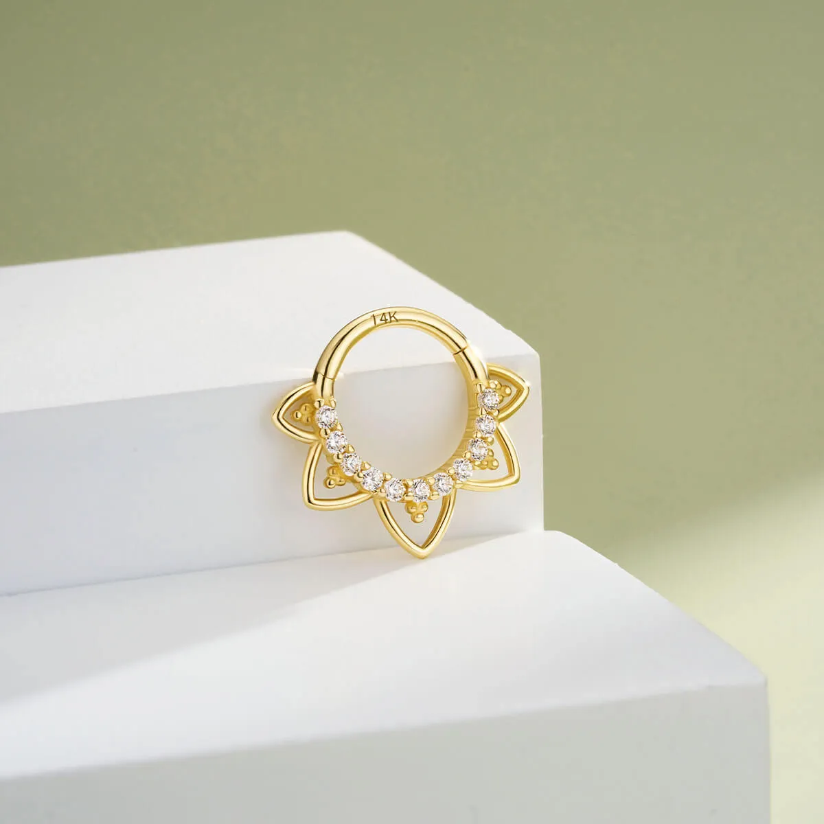 14K Solid Gold CZ Lotus Flower Hinged Septum Ring