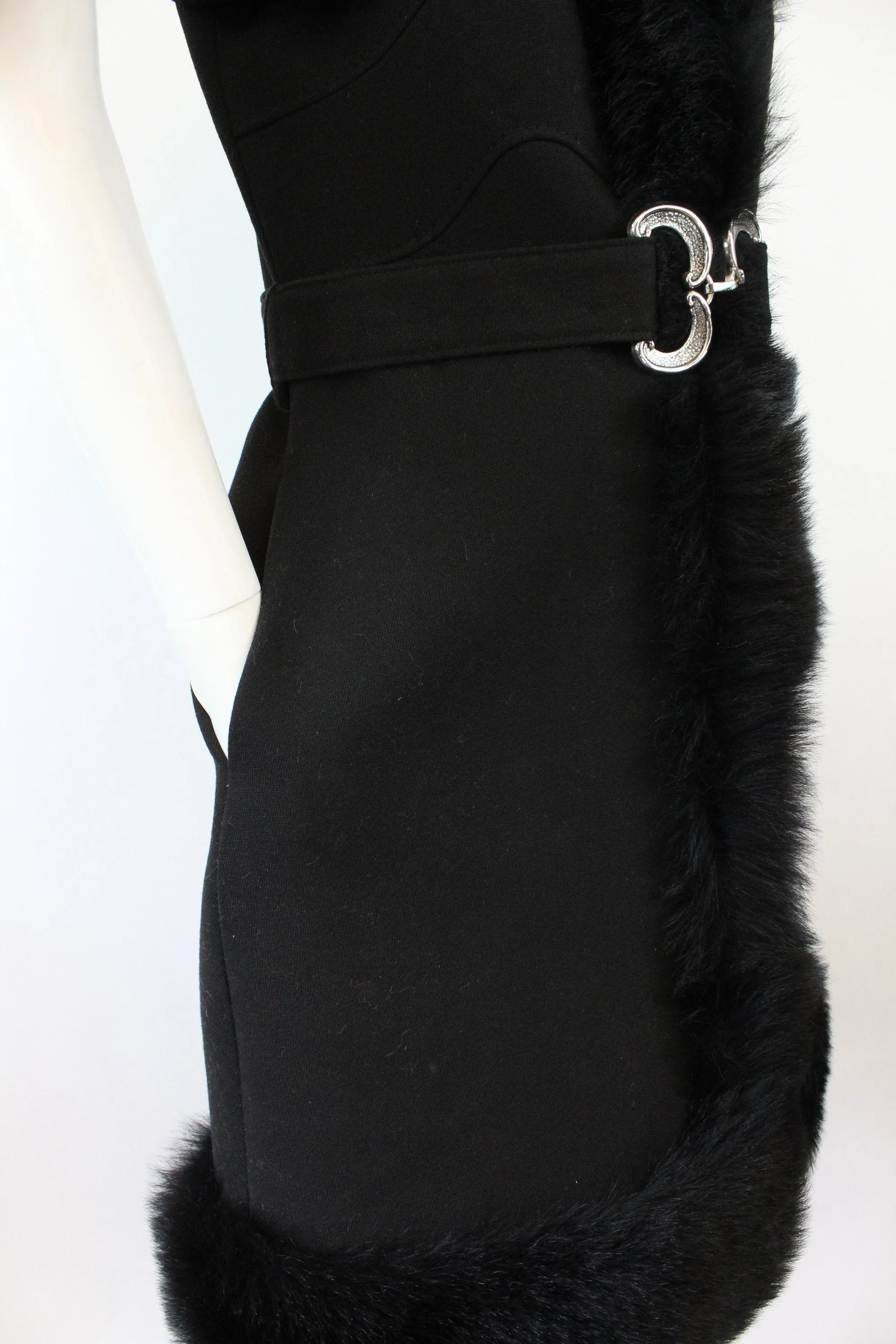 1960s black FAUX FUR belted coat medium | new winter