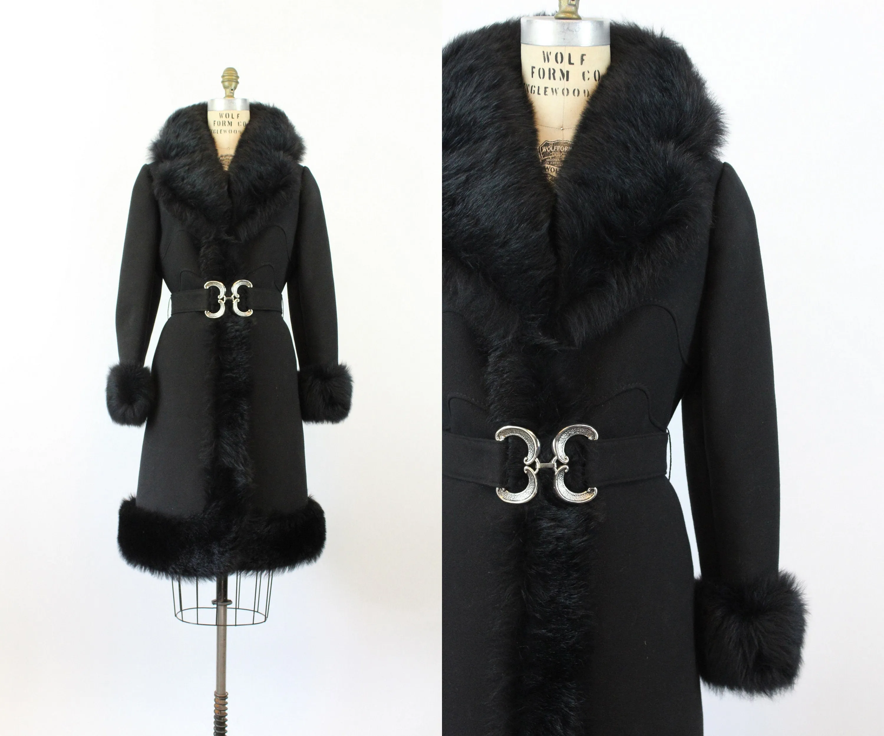 1960s black FAUX FUR belted coat medium | new winter