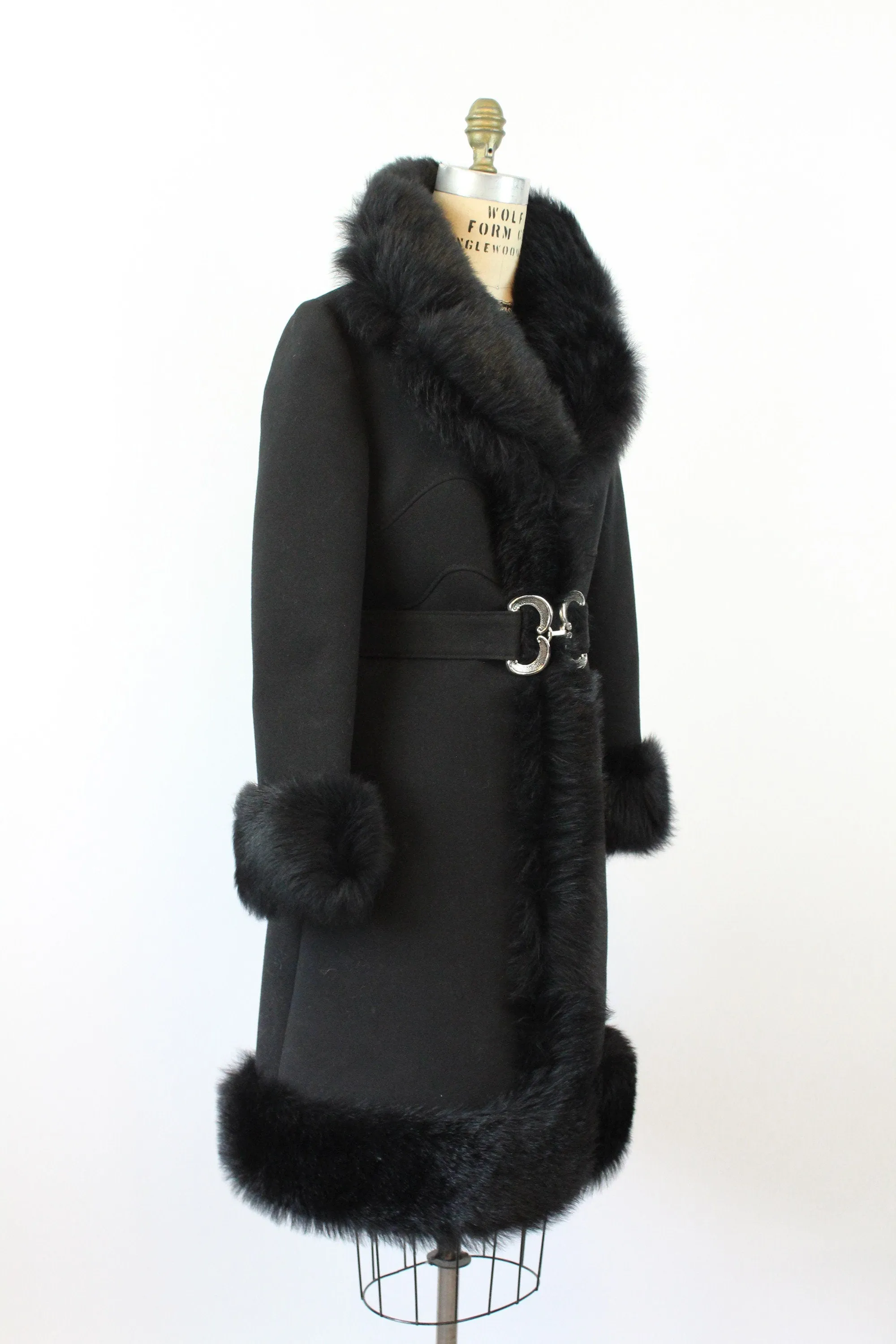1960s black FAUX FUR belted coat medium | new winter
