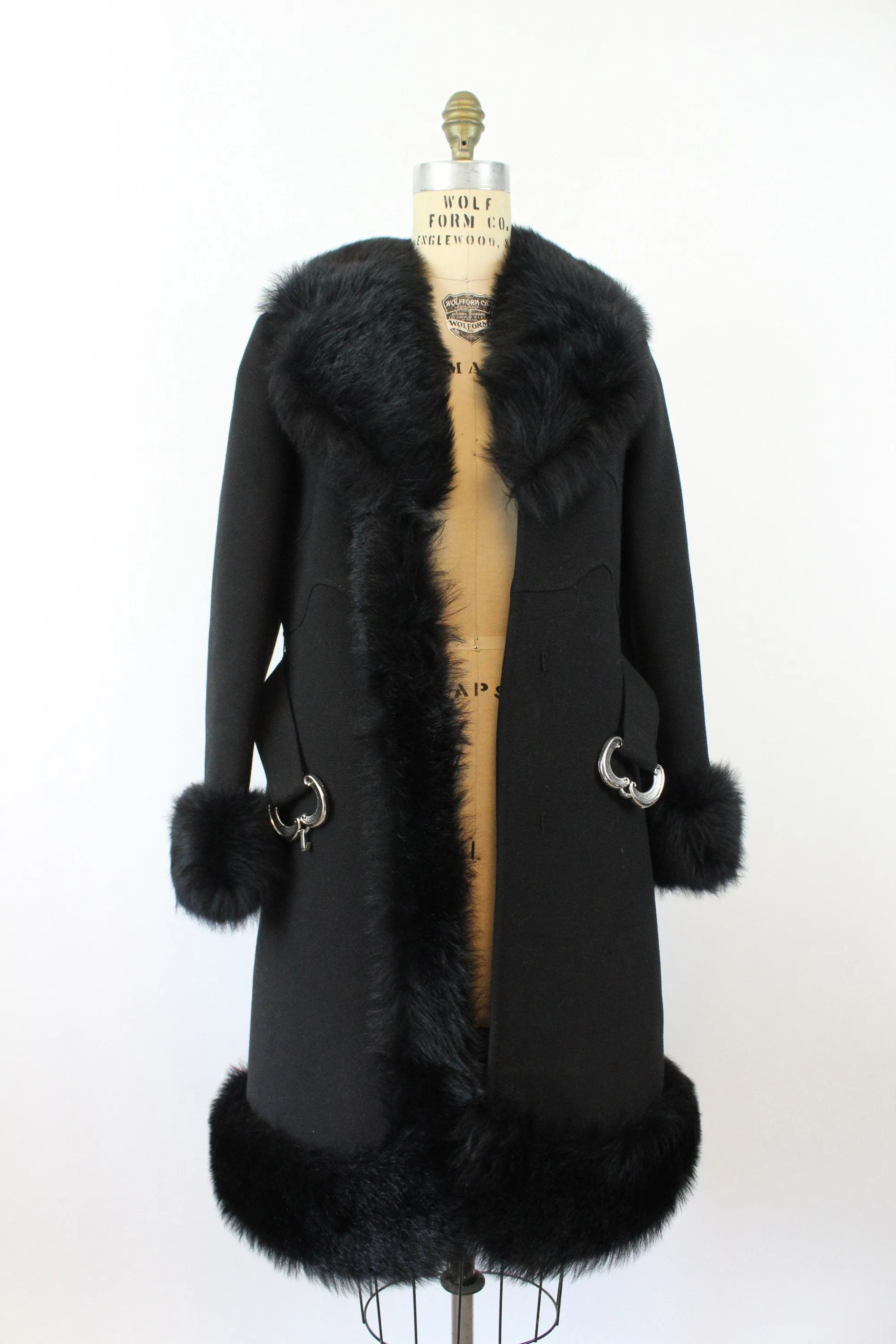 1960s black FAUX FUR belted coat medium | new winter
