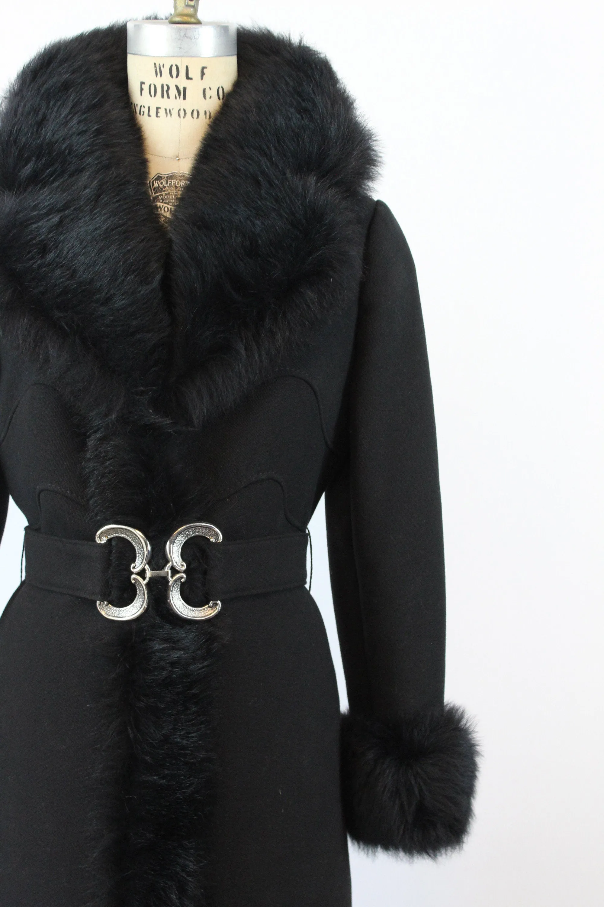 1960s black FAUX FUR belted coat medium | new winter