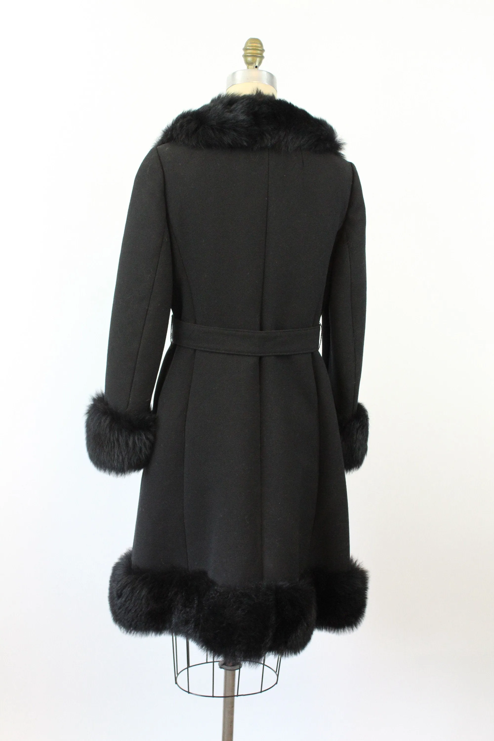 1960s black FAUX FUR belted coat medium | new winter