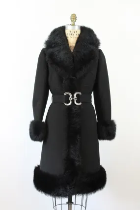 1960s black FAUX FUR belted coat medium | new winter