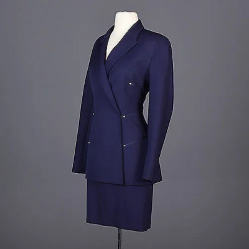 1980s Claude Montana Femme Fatale Hourglass Skirt Suit in Navy Blue