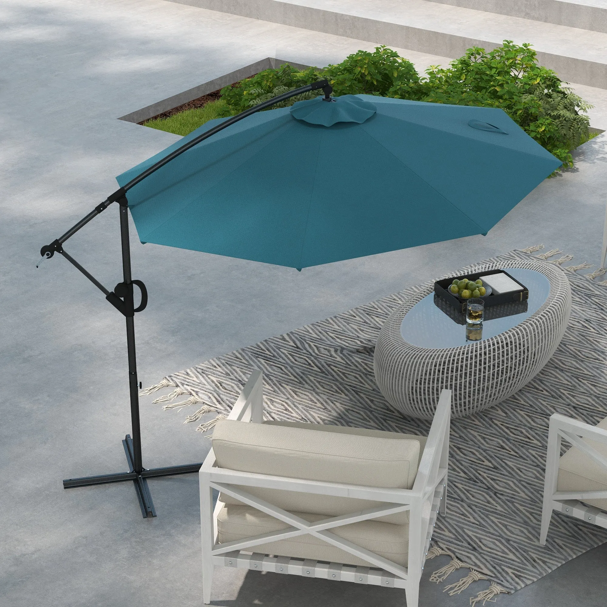 3 Metre Cantilever Banana Parasol / Cross Base / Crank Handle, Tilt And 8 Ribs, Round Hanging Patio Umbrella For Pool Garden Balcony - Blue