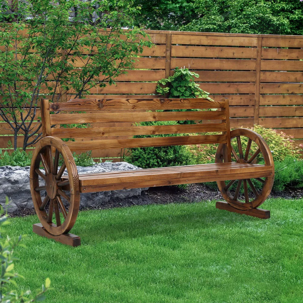 3 Seater Bench Garden Wooden Wagon Wheel Rustic With Horizontal Backrest Park Seat