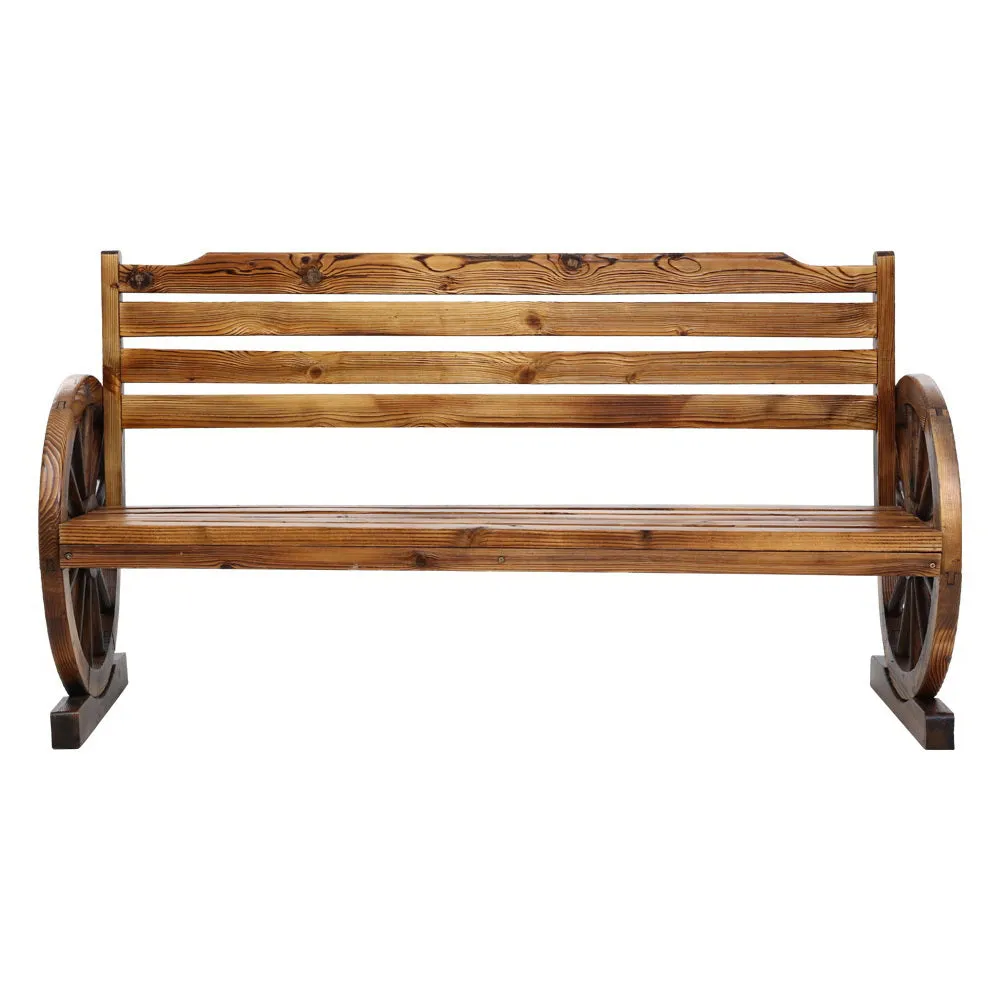 3 Seater Bench Garden Wooden Wagon Wheel Rustic With Horizontal Backrest Park Seat
