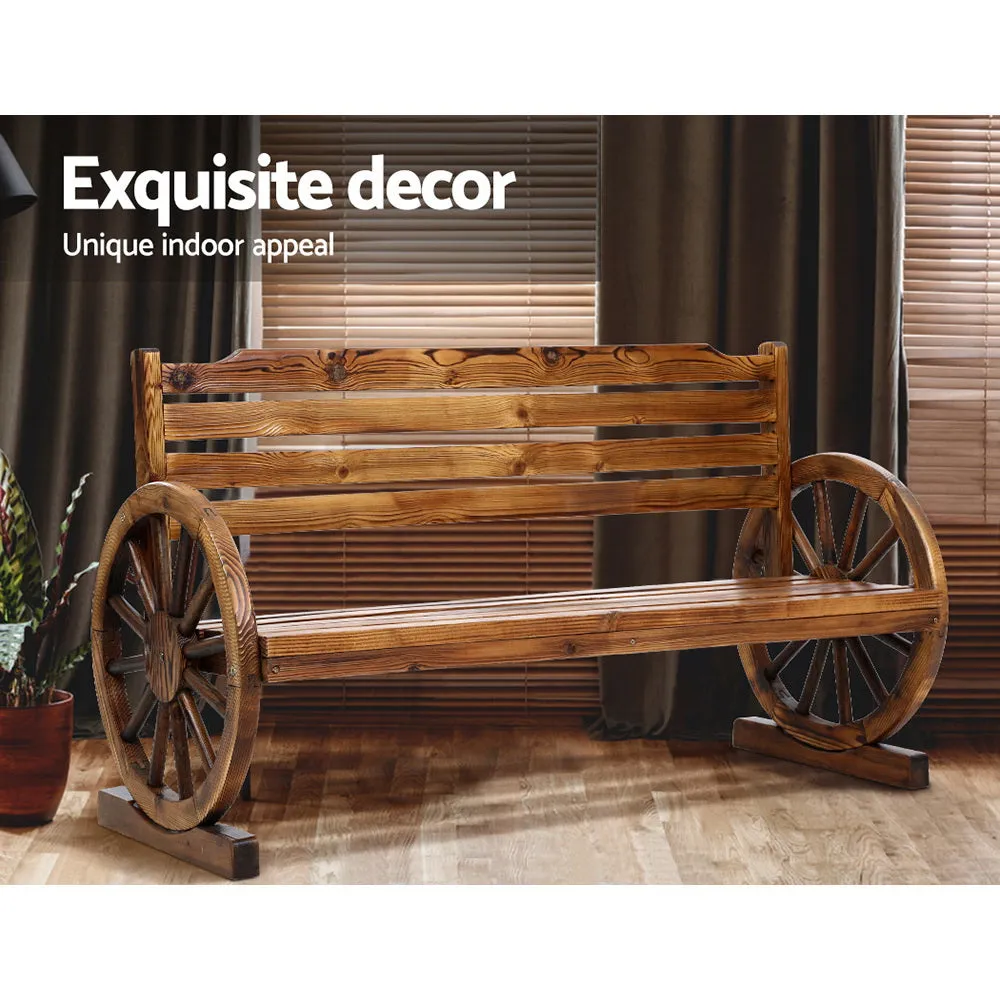 3 Seater Bench Garden Wooden Wagon Wheel Rustic With Horizontal Backrest Park Seat
