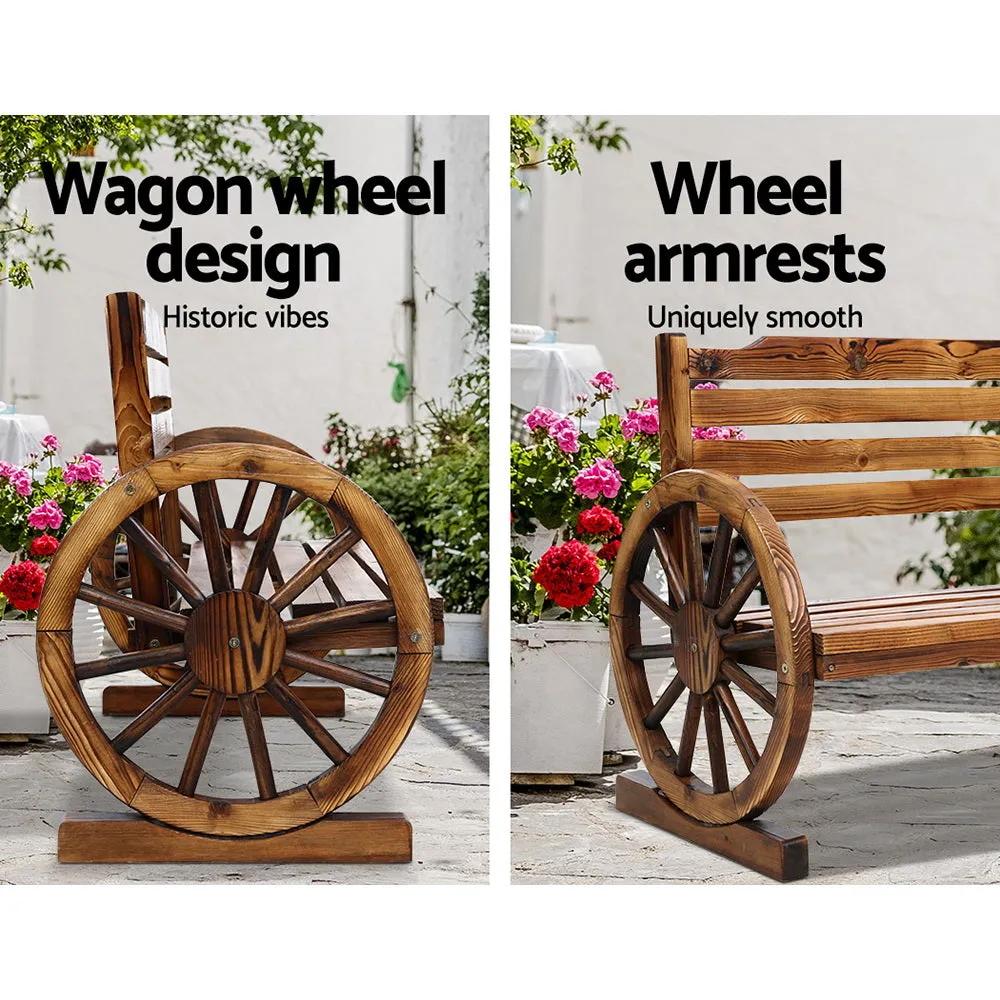 3 Seater Bench Garden Wooden Wagon Wheel Rustic With Horizontal Backrest Park Seat