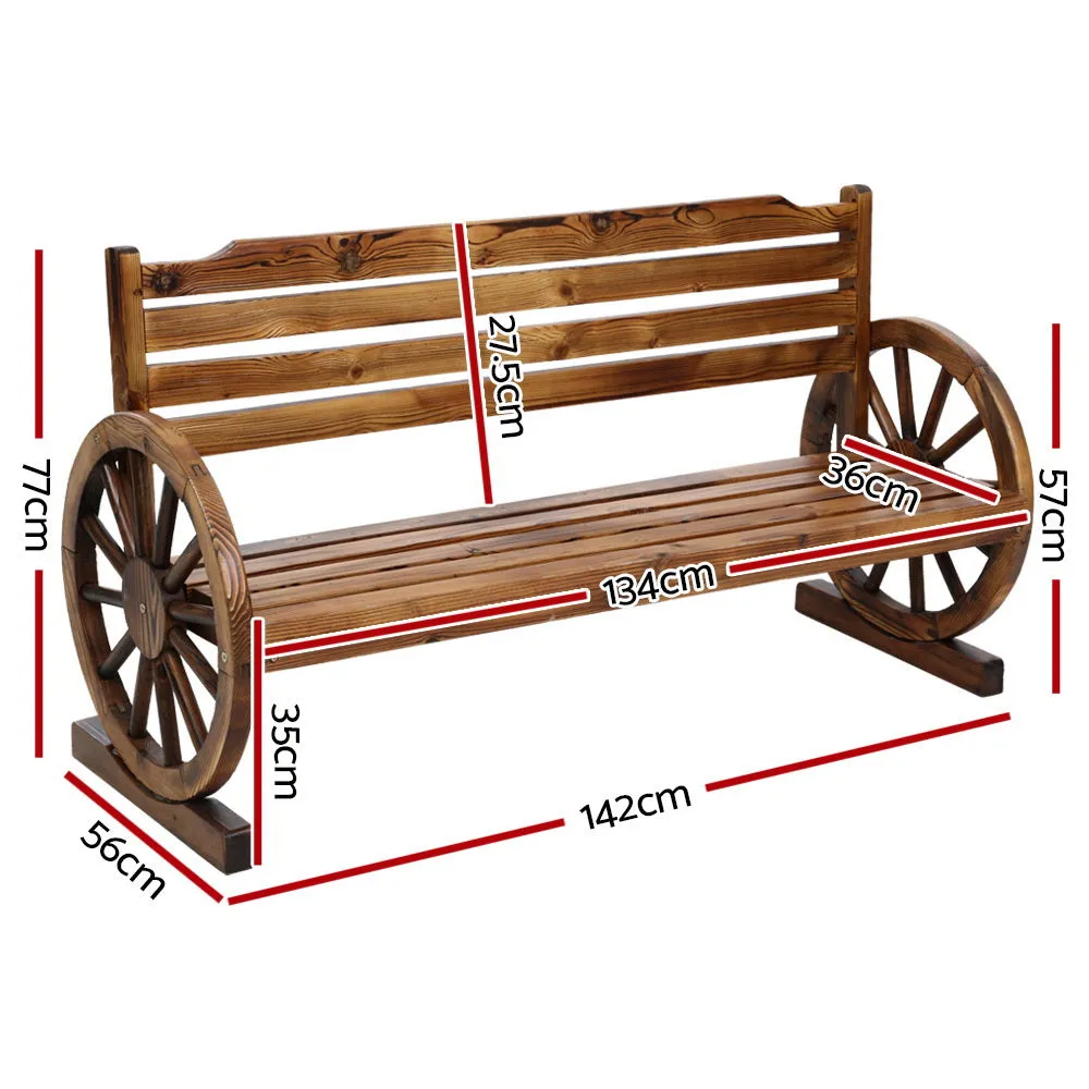 3 Seater Bench Garden Wooden Wagon Wheel Rustic With Horizontal Backrest Park Seat