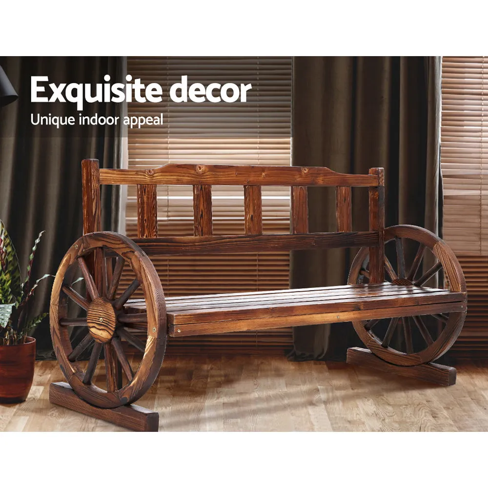3 Seater Bench Garden Wooden Wagon Wheel Rustic With Vertical Backrest Park Seat