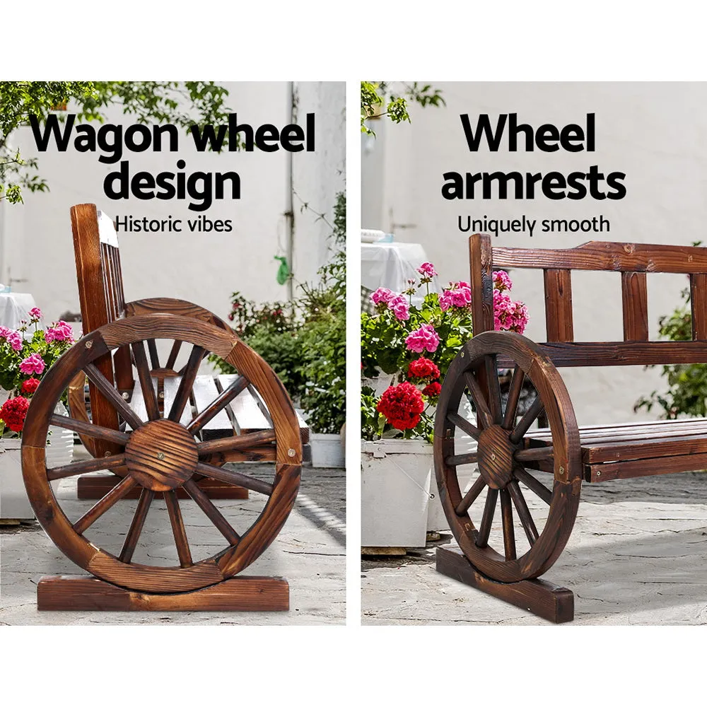 3 Seater Bench Garden Wooden Wagon Wheel Rustic With Vertical Backrest Park Seat