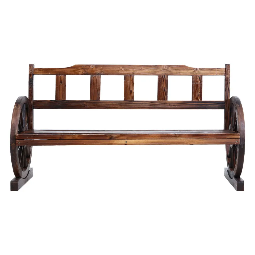 3 Seater Bench Garden Wooden Wagon Wheel Rustic With Vertical Backrest Park Seat