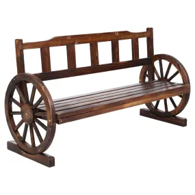 3 Seater Bench Garden Wooden Wagon Wheel Rustic With Vertical Backrest Park Seat