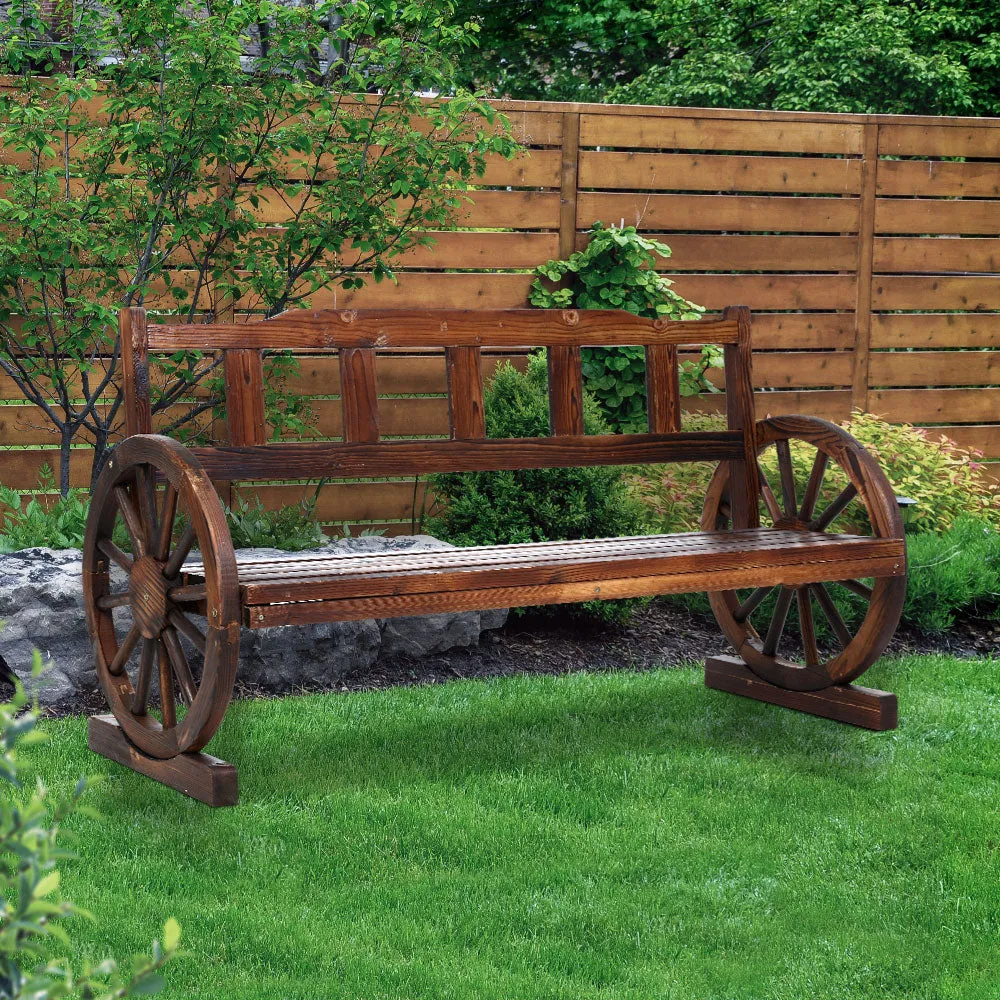 3 Seater Bench Garden Wooden Wagon Wheel Rustic With Vertical Backrest Park Seat