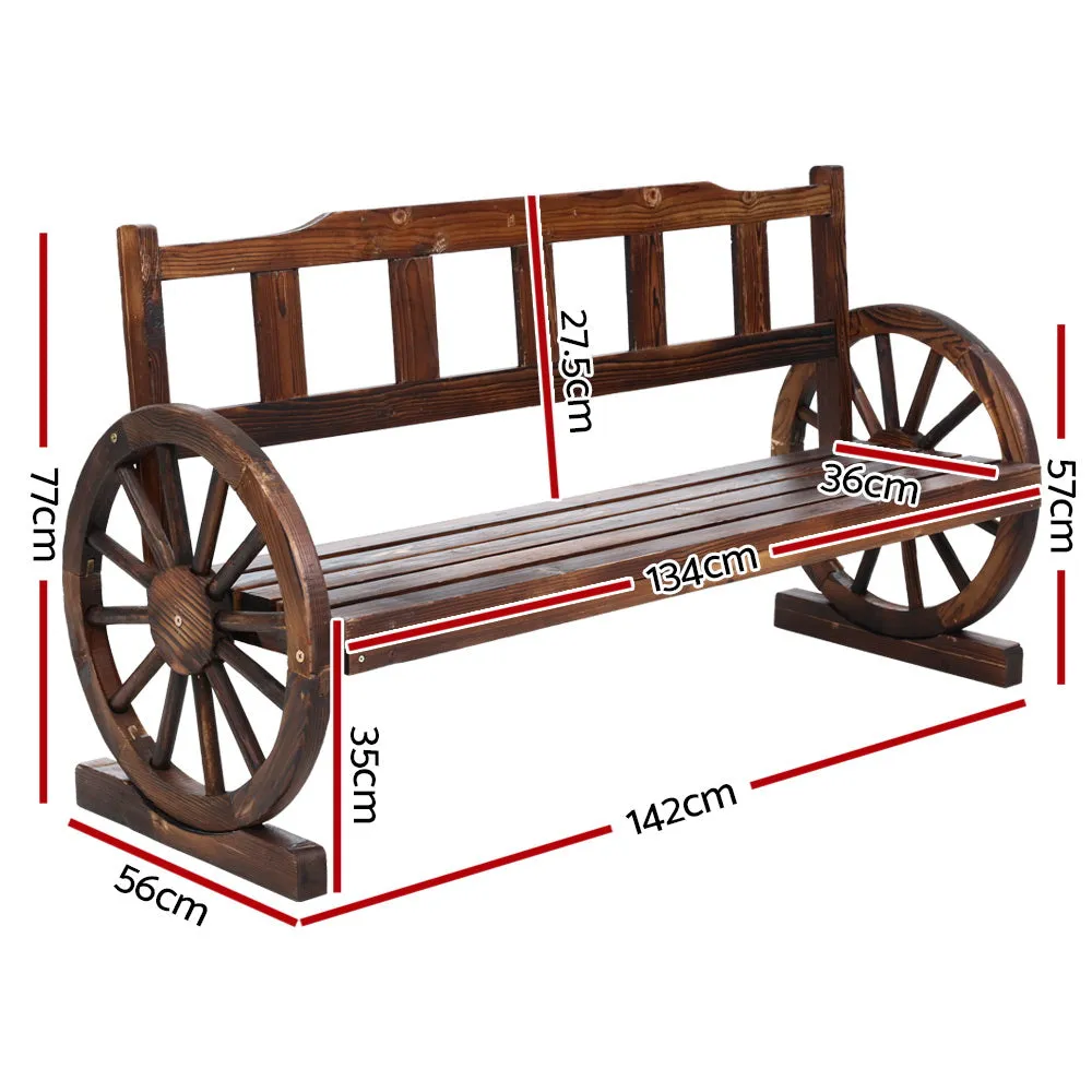 3 Seater Bench Garden Wooden Wagon Wheel Rustic With Vertical Backrest Park Seat