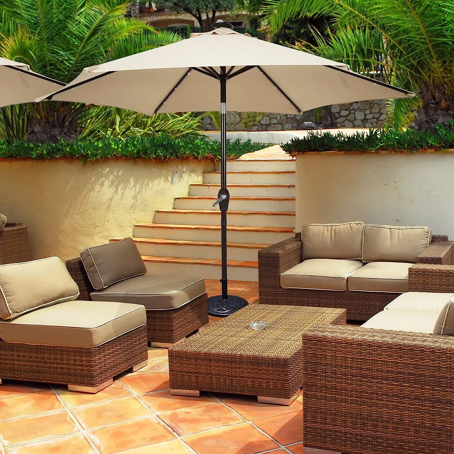 3-Tier Solar Powered LED Lighted Patio Umbrella-Beige
