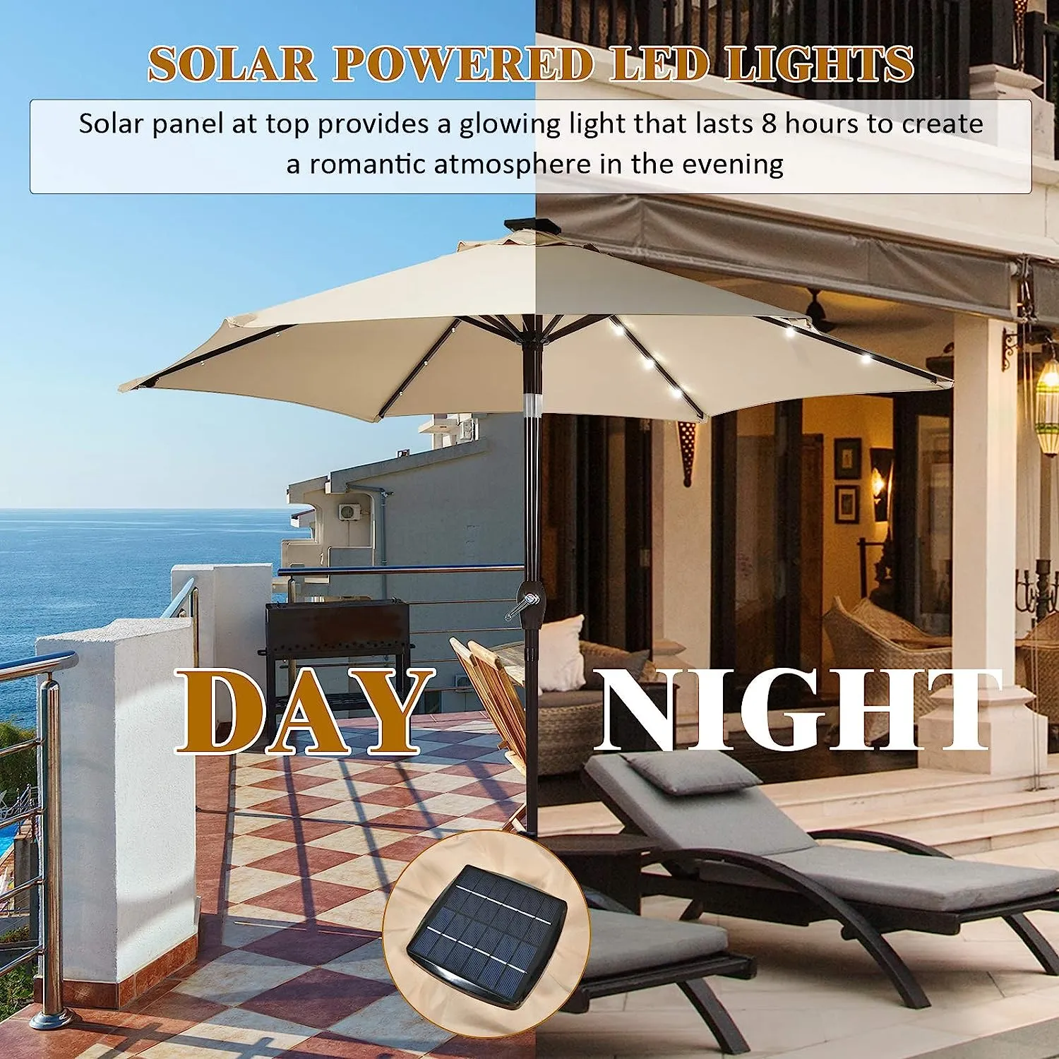 3-Tier Solar Powered LED Lighted Patio Umbrella-Beige