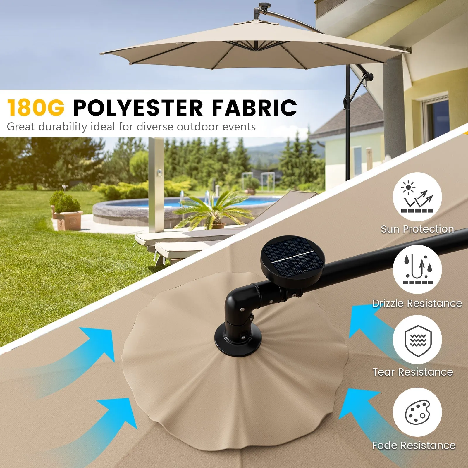 303 CM Solar-Powered Patio Offset Umbrella with 112 LED Lights-Beige
