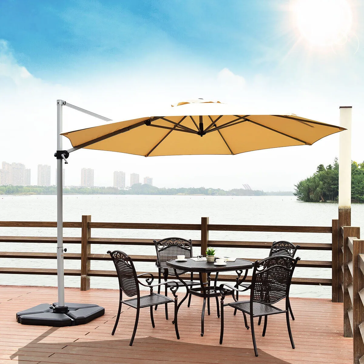 3.3m Patio Cantilever Umbrella with Tilting Adjustment and Cross base-Beige