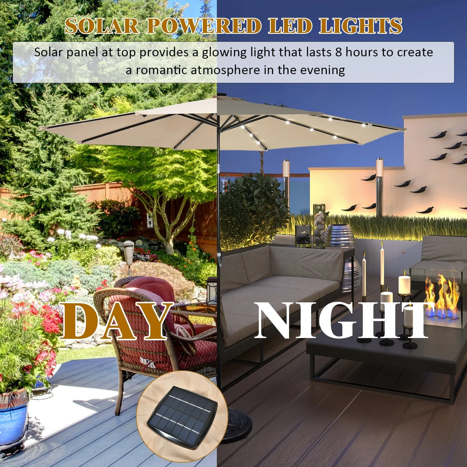 3m Solar Powered LED Lighted Patio Umbrella with Tilt and Crank-Beige