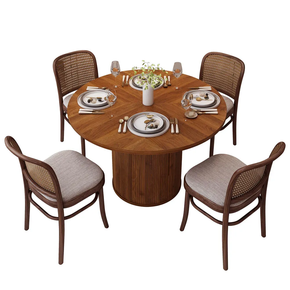 47 inch Round Kitchen Dining Table for 4 with 2-Layer Storage Shelf and Wood Slide Door