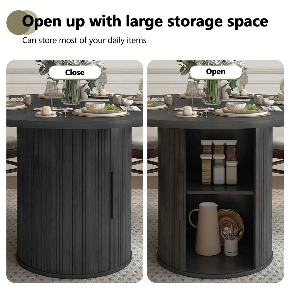 47 inch Round Kitchen Dining Table for 4 with 2-Layer Storage Shelf and Wood Slide Door