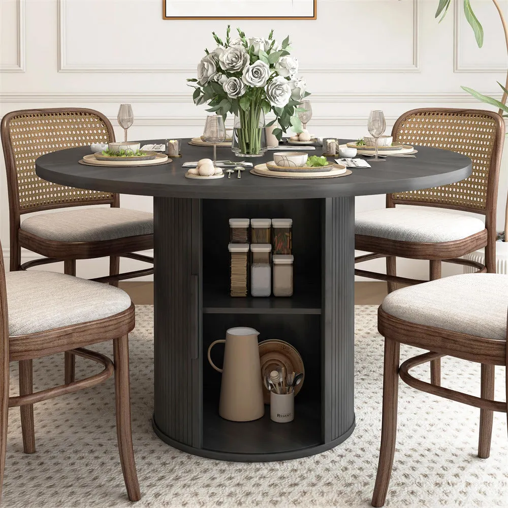 47 inch Round Kitchen Dining Table for 4 with 2-Layer Storage Shelf and Wood Slide Door