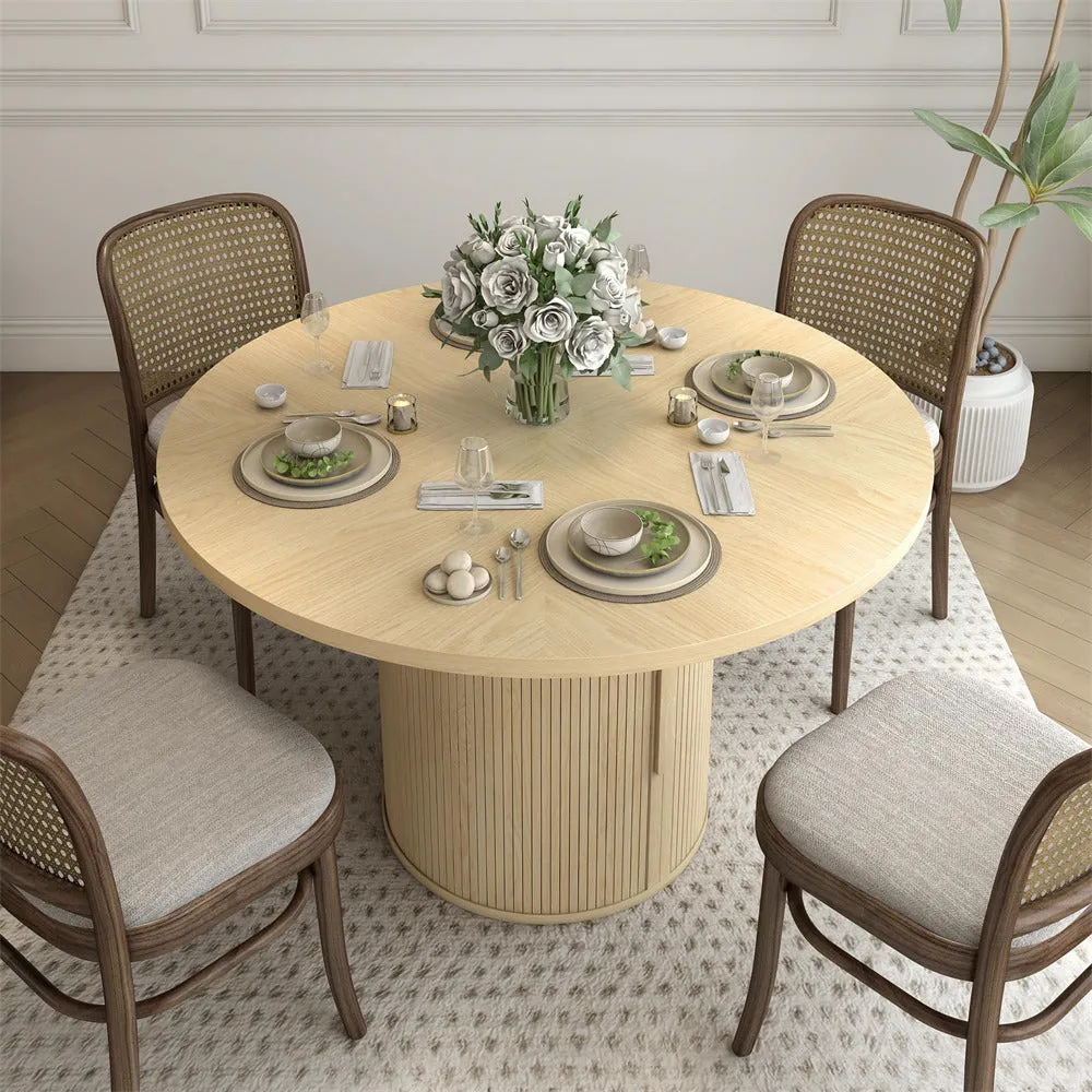 47 inch Round Kitchen Dining Table for 4 with 2-Layer Storage Shelf and Wood Slide Door