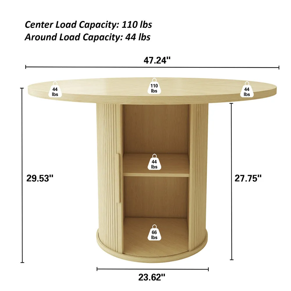47 inch Round Kitchen Dining Table for 4 with 2-Layer Storage Shelf and Wood Slide Door