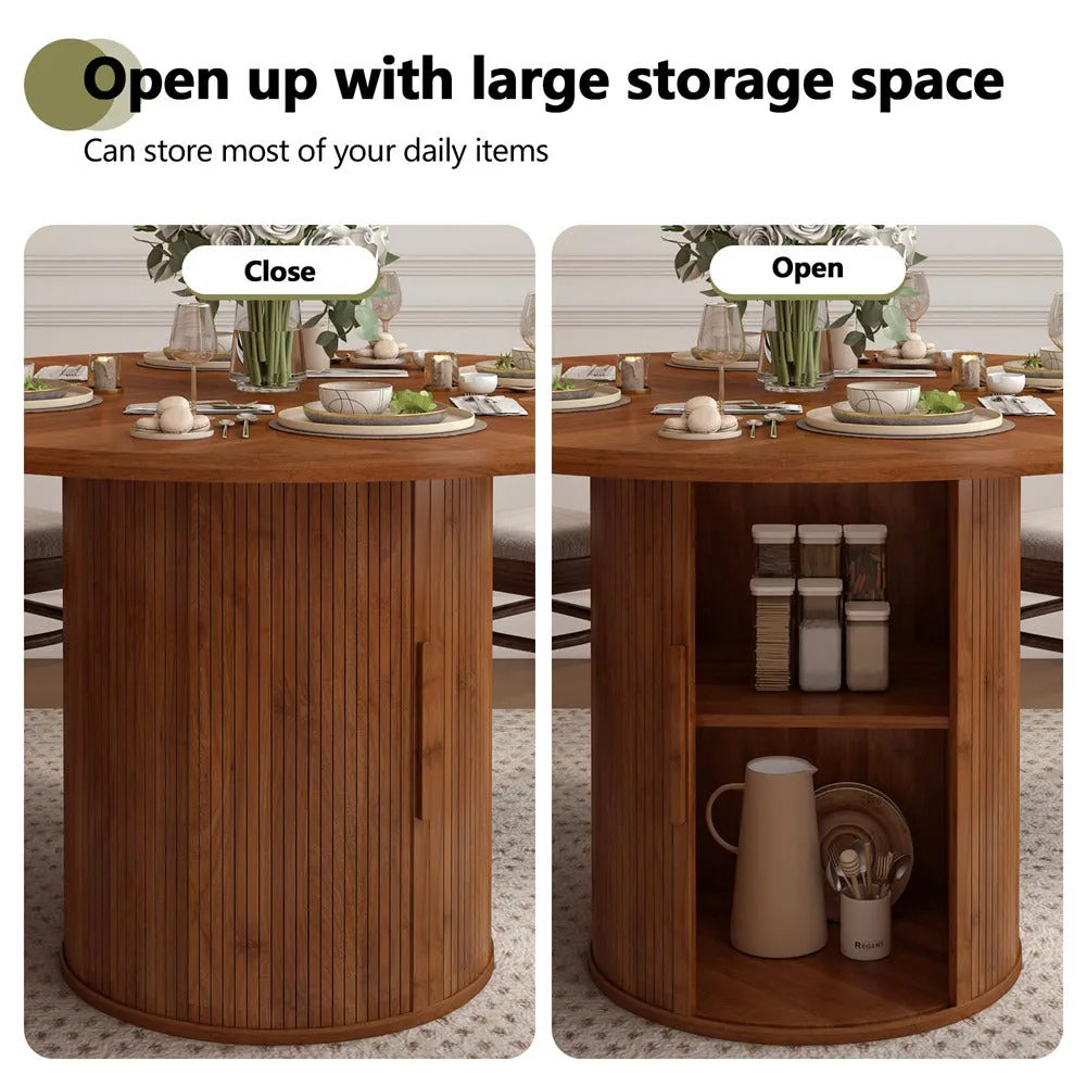 47 inch Round Kitchen Dining Table for 4 with 2-Layer Storage Shelf and Wood Slide Door