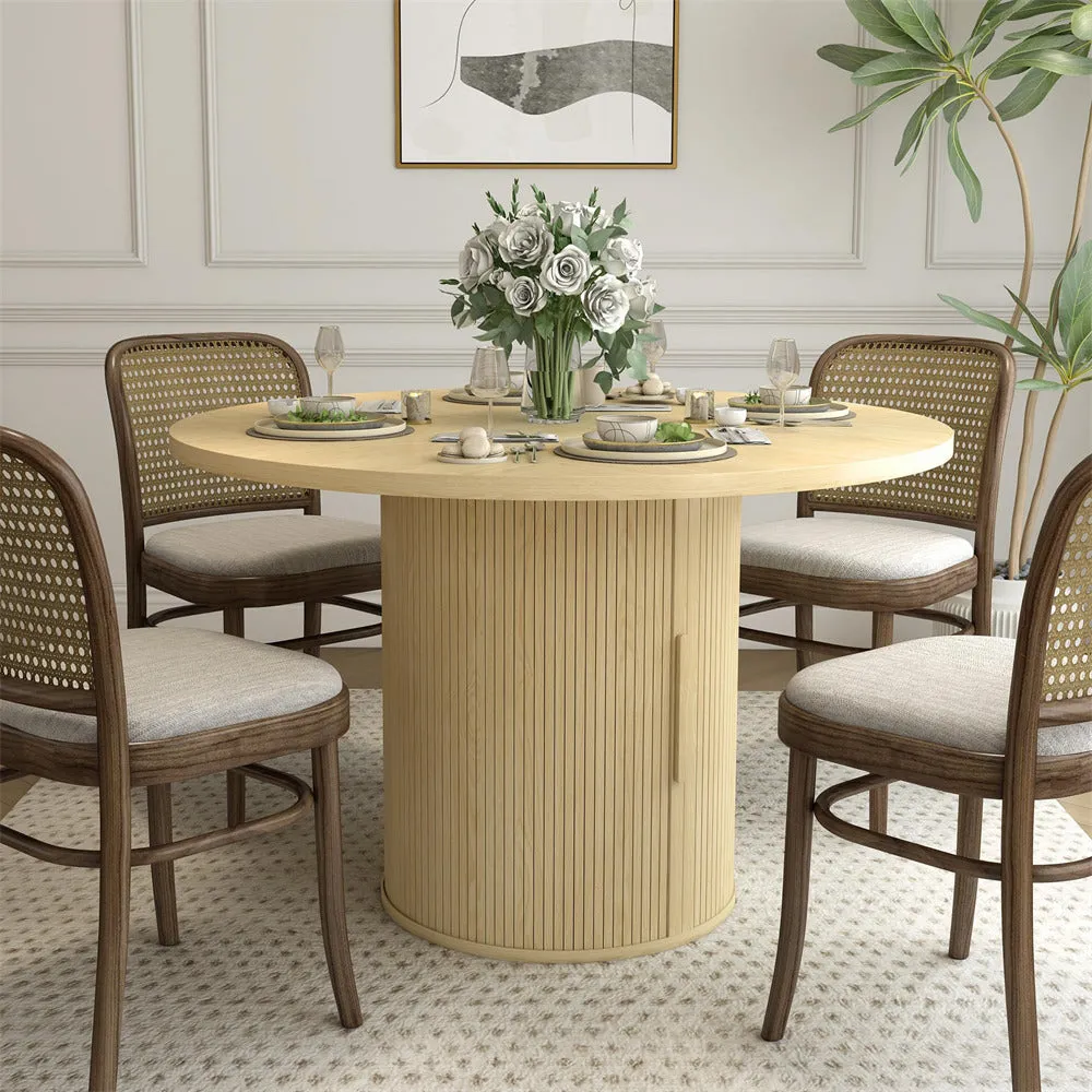 47 inch Round Kitchen Dining Table for 4 with 2-Layer Storage Shelf and Wood Slide Door