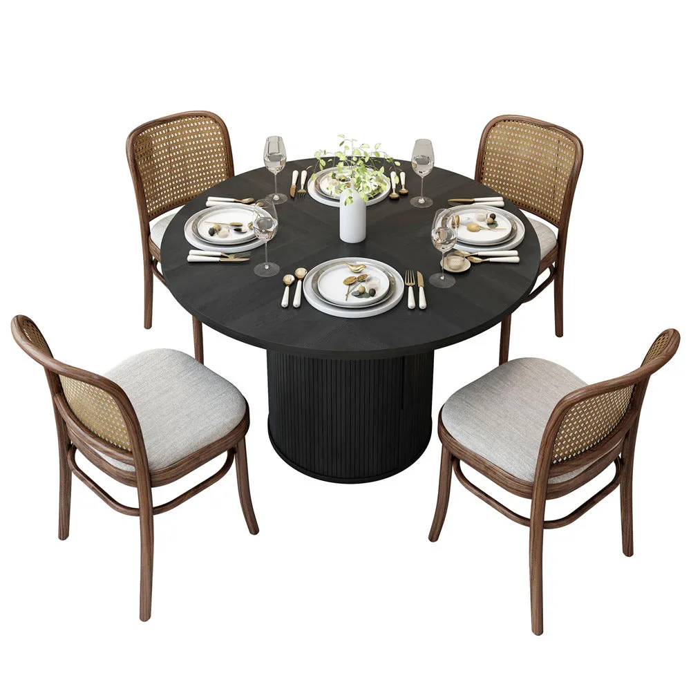 47 inch Round Kitchen Dining Table for 4 with 2-Layer Storage Shelf and Wood Slide Door
