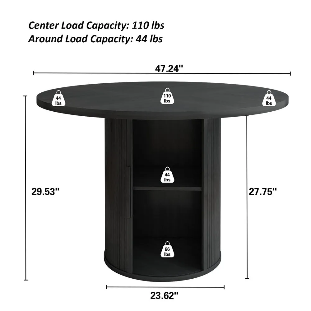 47 inch Round Kitchen Dining Table for 4 with 2-Layer Storage Shelf and Wood Slide Door