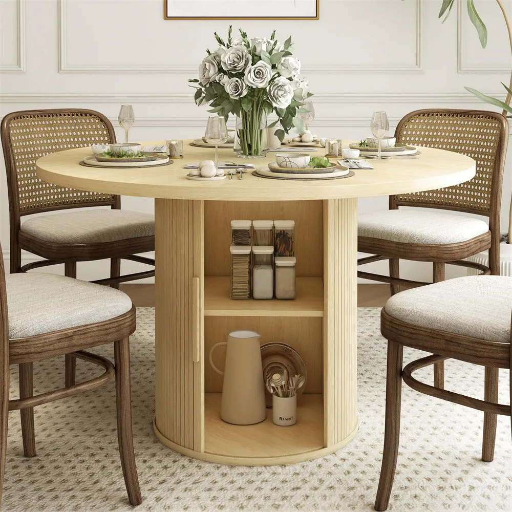 47 inch Round Kitchen Dining Table for 4 with 2-Layer Storage Shelf and Wood Slide Door