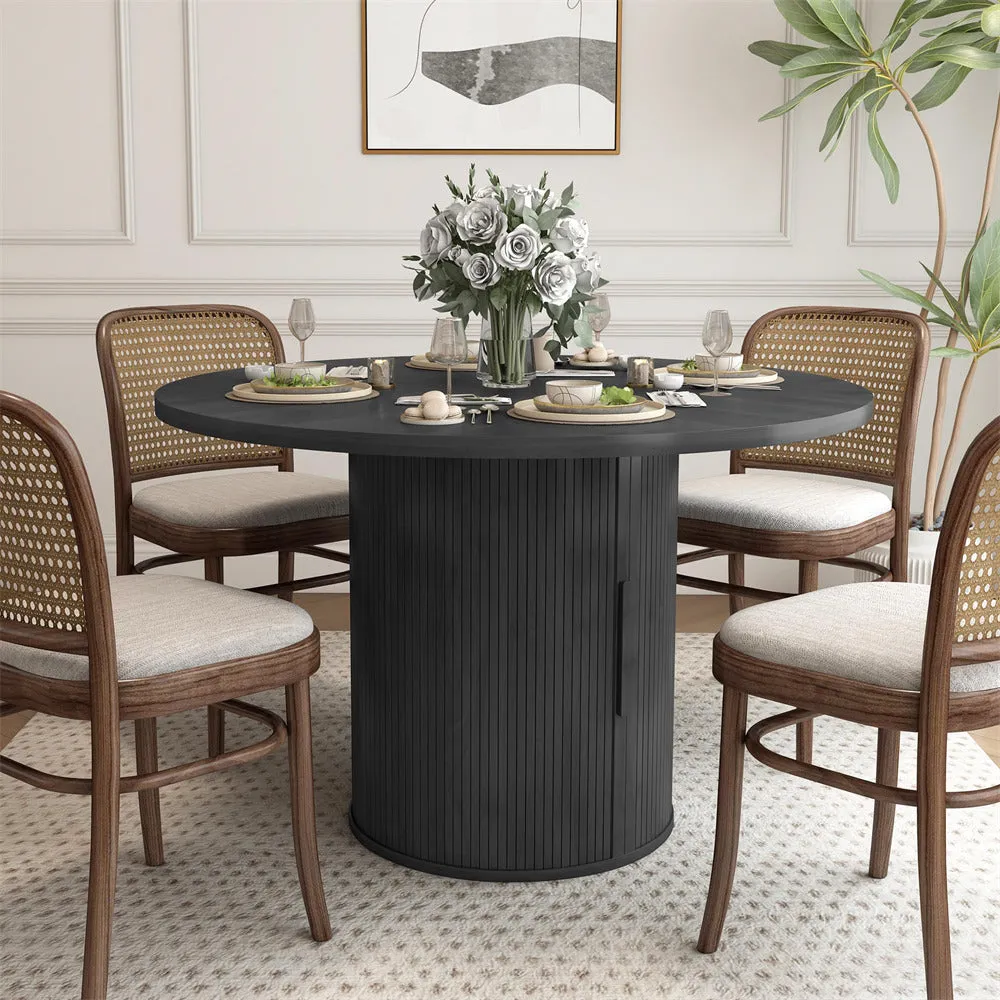 47 inch Round Kitchen Dining Table for 4 with 2-Layer Storage Shelf and Wood Slide Door