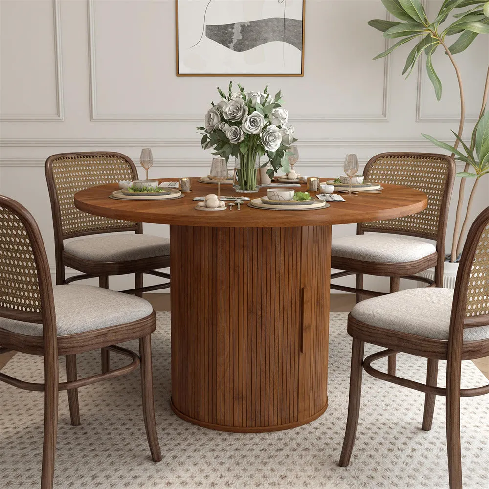 47 inch Round Kitchen Dining Table for 4 with 2-Layer Storage Shelf and Wood Slide Door