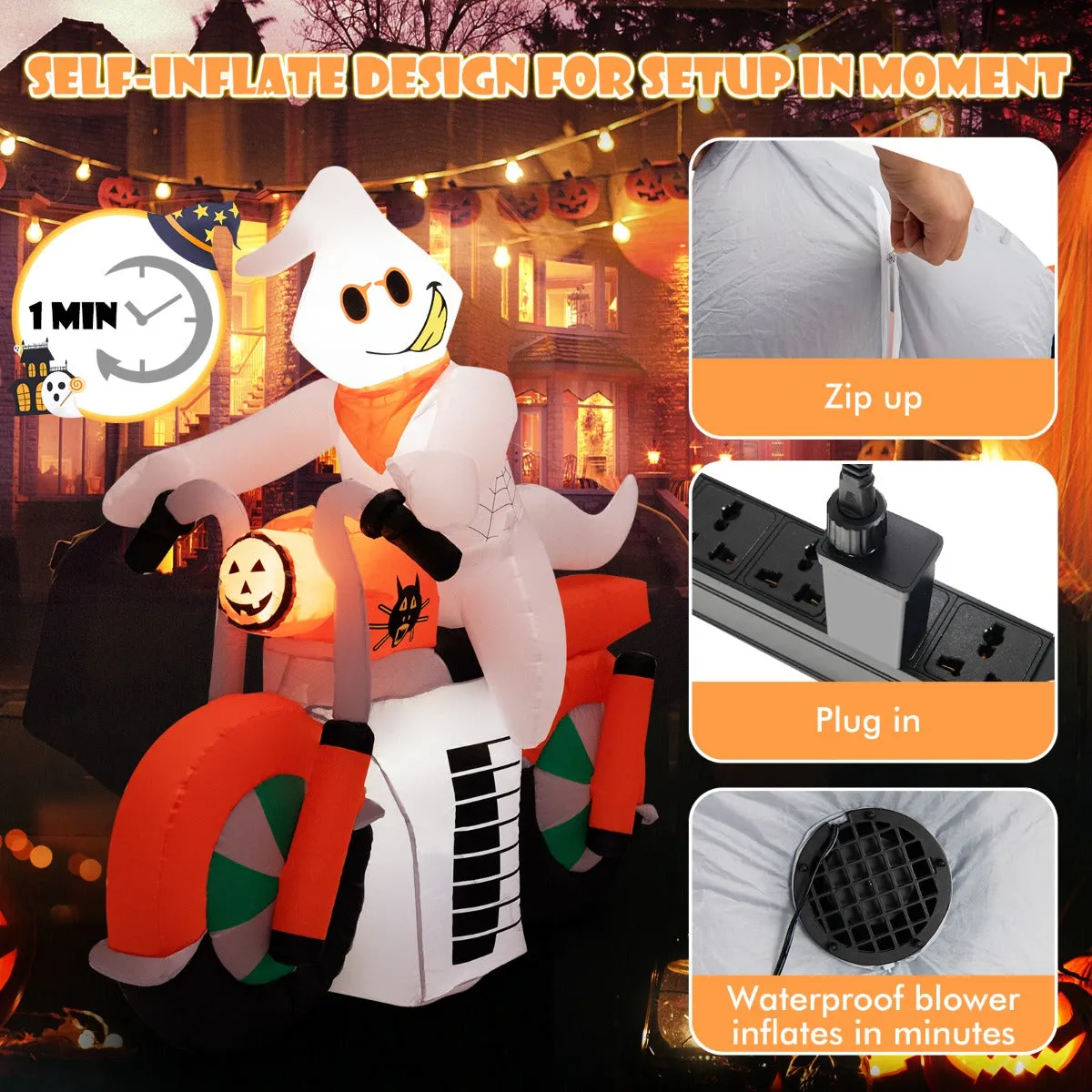 5 Feet Tall Halloween Inflatable Ghost Riding on Motor Bike Decoration