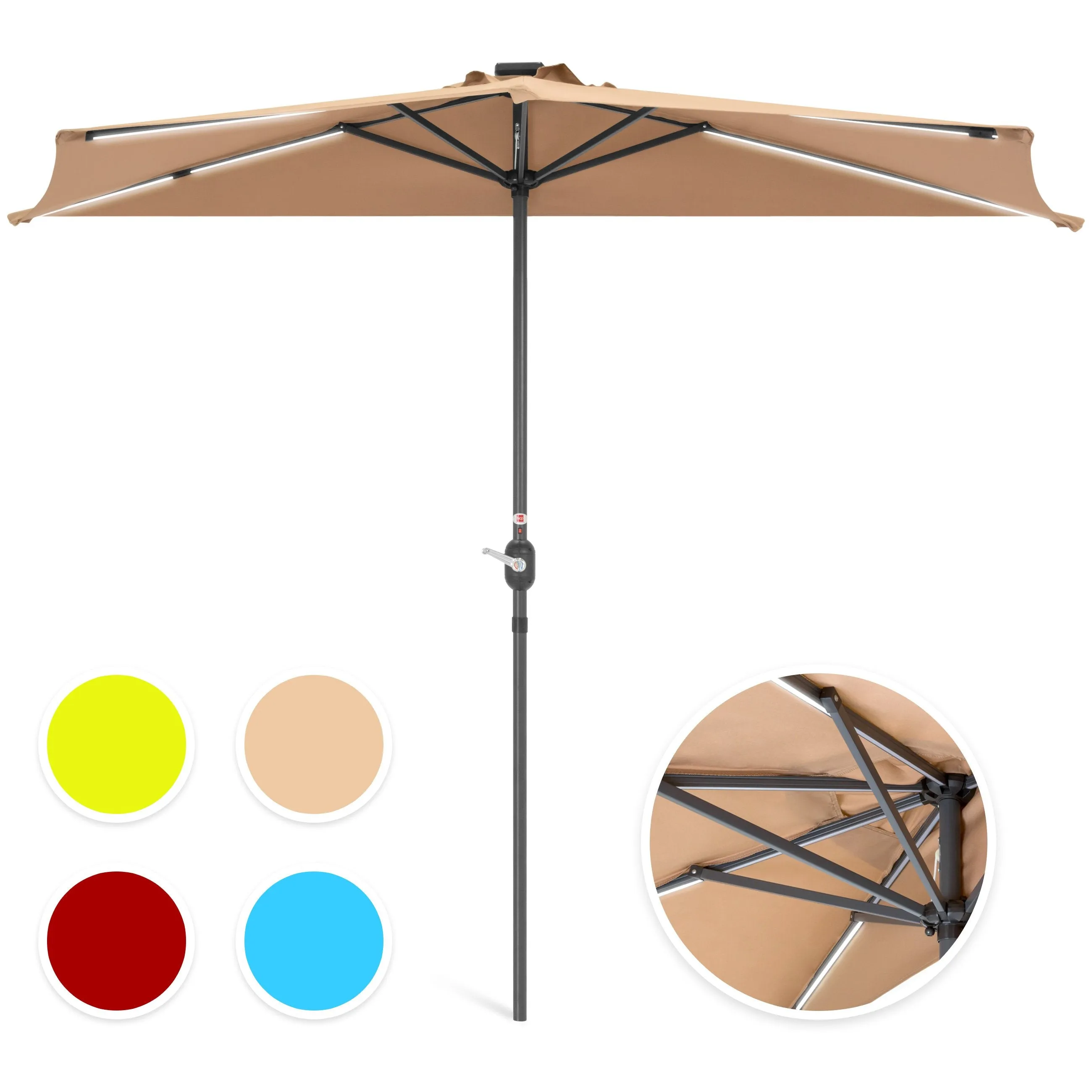 8.5ft Outdoor Solar LED Strip Lighted Half Patio Umbrella w/ Hand Crank