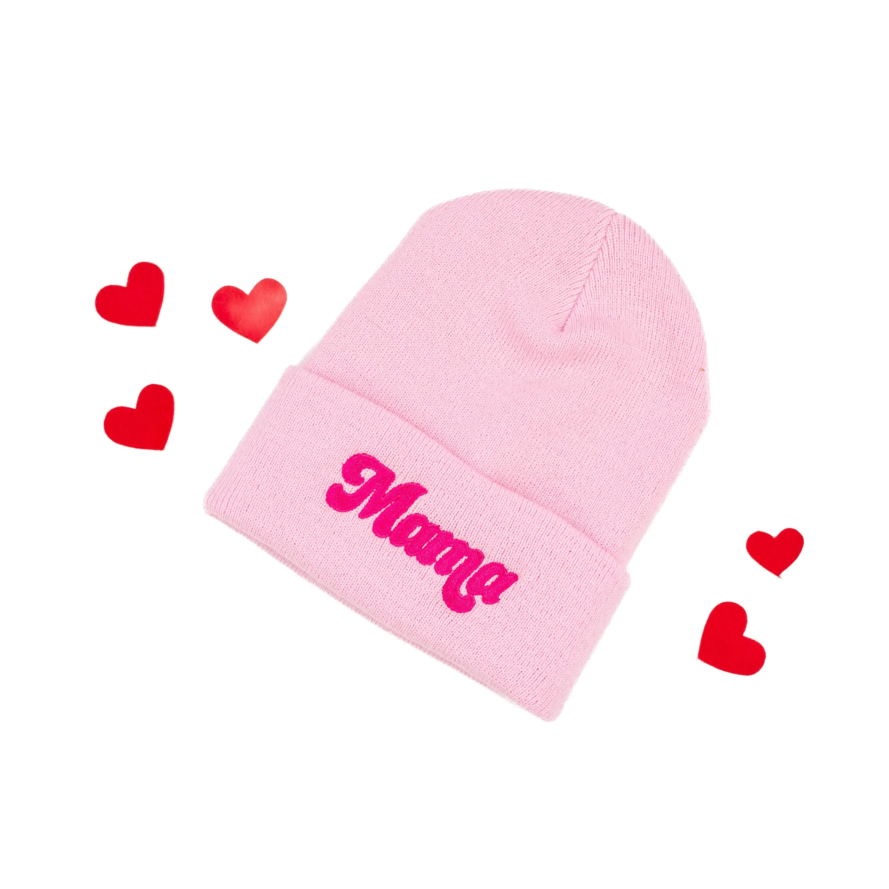 Adult Beanie - Mama Retro - Light Pink w/ Hot Pink