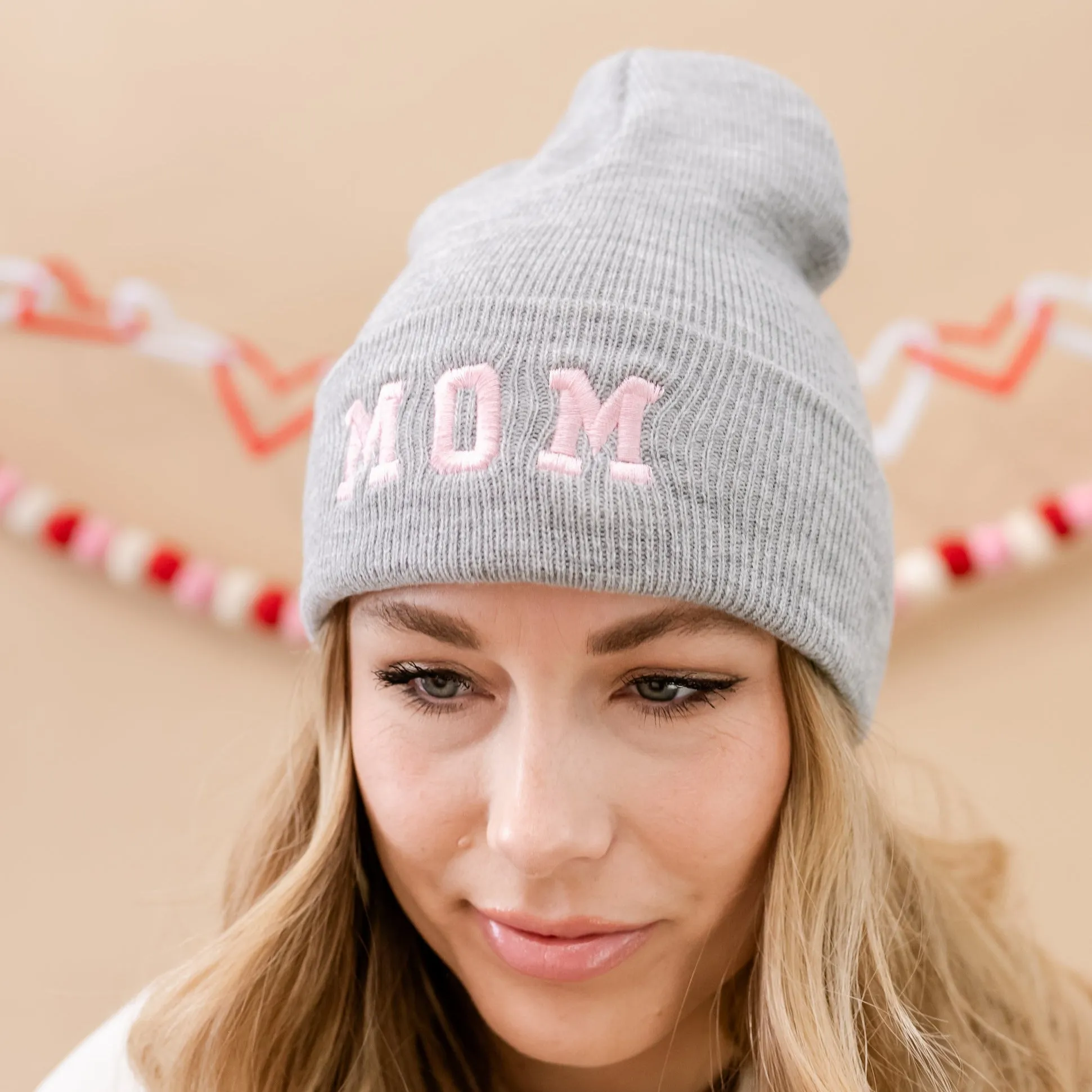 Adult Beanie - MOM Varsity - Gray w/ Light Pink