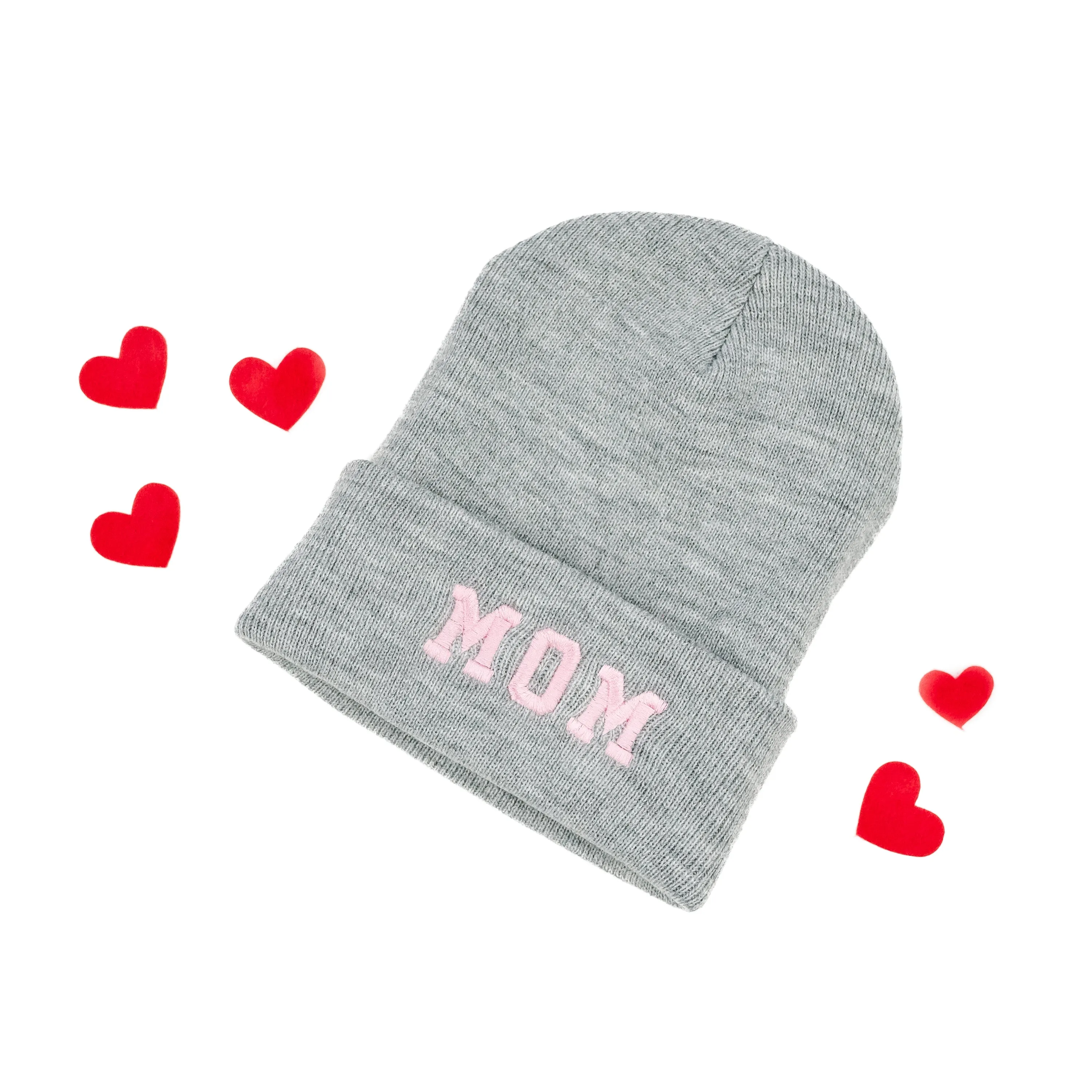 Adult Beanie - MOM Varsity - Gray w/ Light Pink