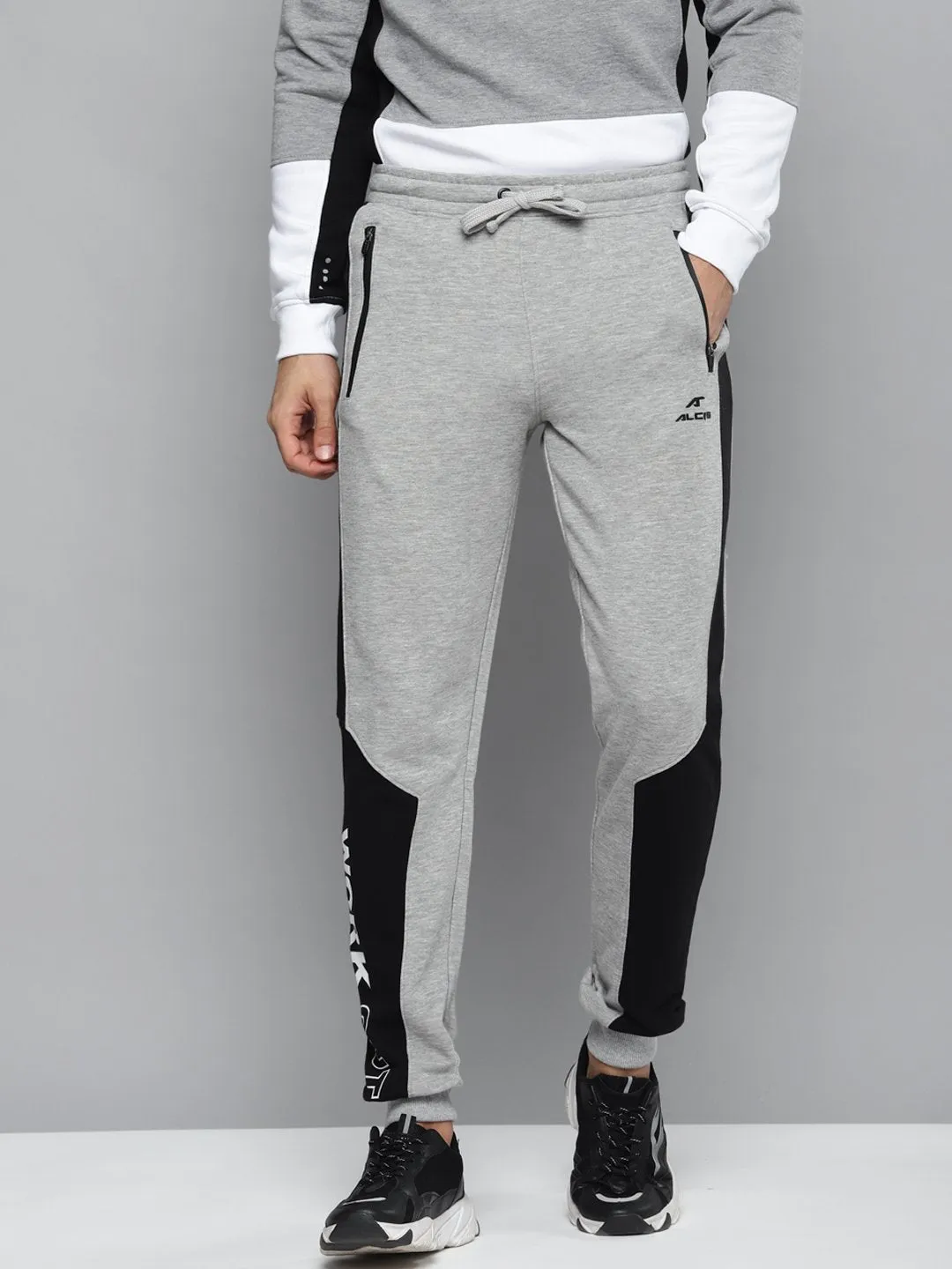 Alcis Men Grey Melange & Black Solid Slim Fit Joggers